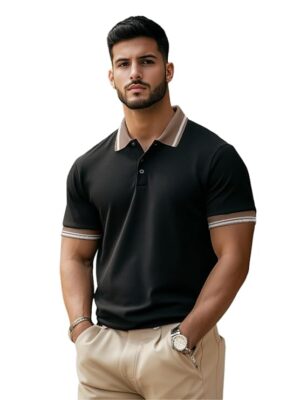 Black Cotton Half Sleeves Regular Fit Plain Solid Classic Polo Colored Collar T-Shirt