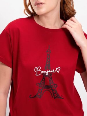 Women's Printed 100% Cotton T-Shirt - Boyfriend Fit, Round Neck Red