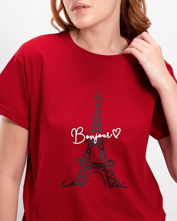 Women's Printed 100% Cotton T-Shirt - Boyfriend Fit, Round Neck Red