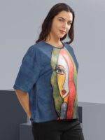 Blue Printed Loose Fit Crew-Neck Crop T-Shirt for Women