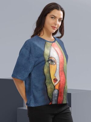 Blue Printed Loose Fit Crew-Neck Crop T-Shirt for Women