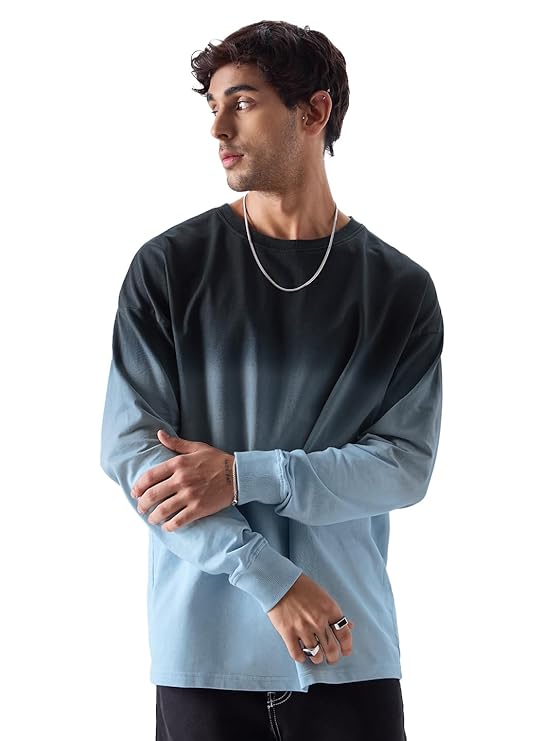 100% Cotton Midnight Black (Ombre) Mens Oversize Fit Full Sleeves Cotton T-Shirt