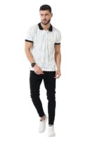 White Half Sleeve Cotton Striped Polo T-Shirt for Mens