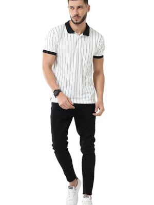 White Half Sleeve Cotton Striped Polo T-Shirt for Mens