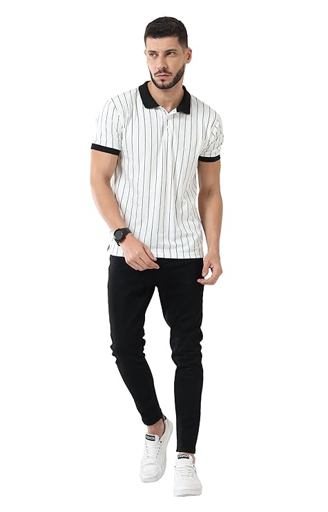 White Half Sleeve Cotton Striped Polo T-Shirt for Mens