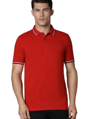Red Slim Fit Solid 100% Cotton, Pique Polo Tshirt