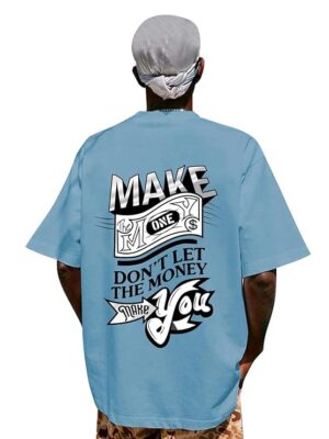 SkyBlue Oversized Cotton Front and Back Printed Round Neck T Shirts for Men