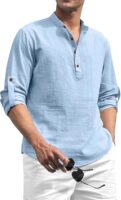 Sky Blue Cotton Blend Solid Casual Regular Fit Mandarin/Chinese Collor Short Kurta for Men