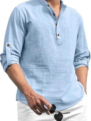 Sky Blue Cotton Blend Solid Casual Regular Fit Mandarin/Chinese Collor Short Kurta for Men