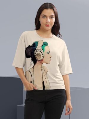 Beige Printed Loose Fit Crew-Neck Crop T-Shirt for Women