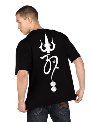Black Oversized Cotton Front and Back Printed Round Neck T Shirts for Men