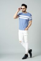 Blue Men's Cotton Half Sleeve Regular Fit Striped T-Shirt