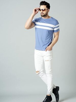 Blue Men's Cotton Half Sleeve Regular Fit Striped T-Shirt