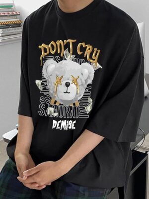 Oversized Cotton Front and Back Printed Round Neck T Shirts for Men Black