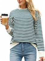 Blue Women Striped T-Shirt || Full Sleeve T Shirt