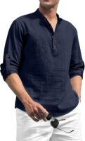 Cotton Blend Solid Casual Regular Fit Mandarin/Chinese Collor Short Kurta for Men Navy Blue