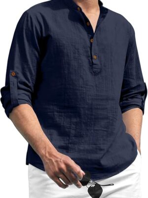 Cotton Blend Solid Casual Regular Fit Mandarin/Chinese Collor Short Kurta for Men Navy Blue