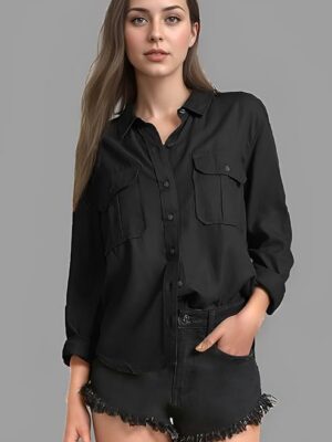 Black Casual Long Sleeves Double Pocket Women's Rayon Shirts