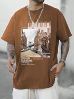 GoldenBrown Oversized Cotton Front and Back Printed Round Neck T Shirts for Men