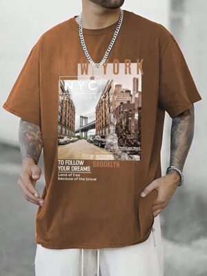 GoldenBrown Oversized Cotton Front and Back Printed Round Neck T Shirts for Men