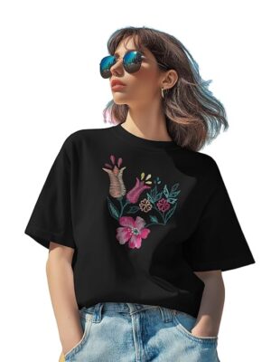 Black Floral Embroidered Regular T-Shirt for Women, Cotton Blend, Short Sleeve