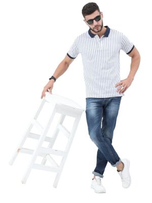 Half Sleeve Cotton Striped Polo T-Shirt for Mens Dark and White