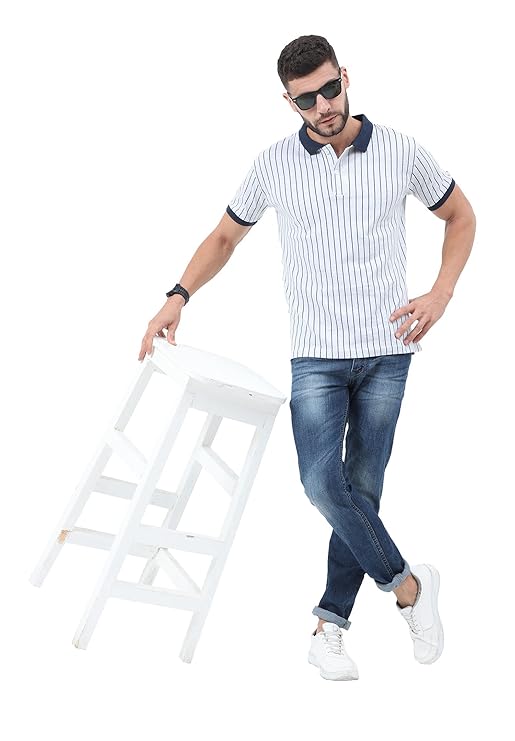 Half Sleeve Cotton Striped Polo T-Shirt for Mens Dark and White