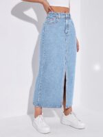 Women's Solid High Waist Slit Below The Knee Denim Skirt Blue