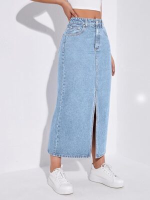 Women's Solid High Waist Slit Below The Knee Denim Skirt Blue
