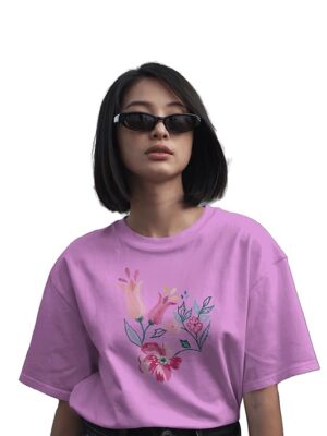 Pink Floral Embroidered Regular T-Shirt for Women, Cotton Blend, Short Sleeve