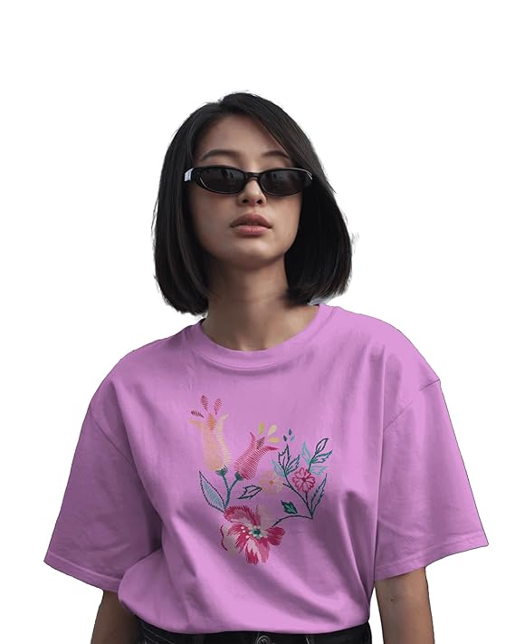Pink Floral Embroidered Regular T-Shirt for Women, Cotton Blend, Short Sleeve