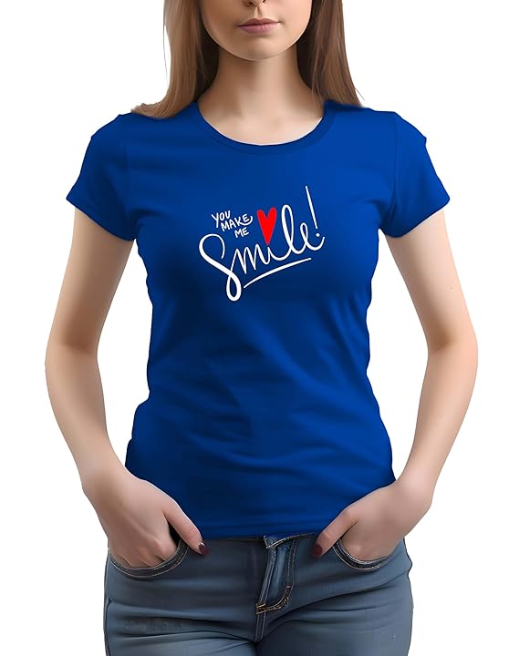 Blue 100% Cotton Printed Regular fit Round Neck T-Shirt Women's