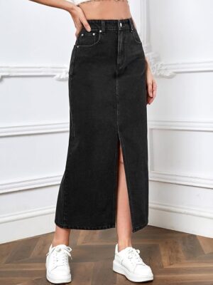Black Women's Solid High Waist Slit Below The Knee Denim Skirt