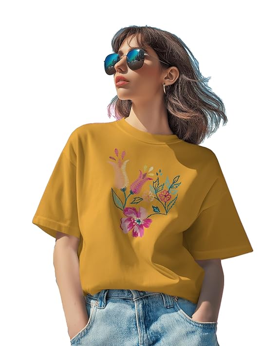 Musturd Floral Embroidered Regular T-Shirt for Women, Cotton Blend, Short Sleeve