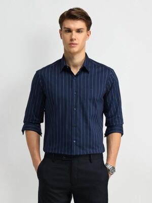 Men's Blue Striped Spread Collar Long Sleeve Formal Cotton Slim Fit Shirt