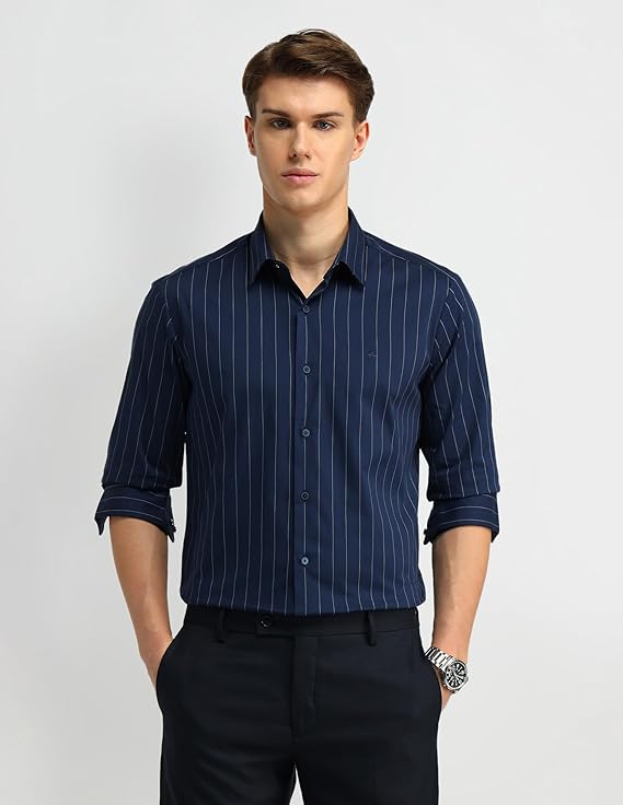 Men's Blue Striped Spread Collar Long Sleeve Formal Cotton Slim Fit Shirt