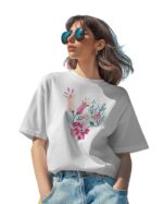 Floral Embroidered Regular T-Shirt for Women, Cotton Blend, Short Sleeve White