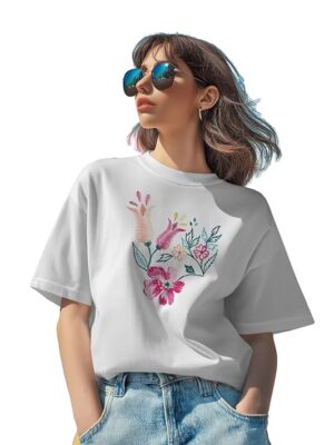 Floral Embroidered Regular T-Shirt for Women, Cotton Blend, Short Sleeve White