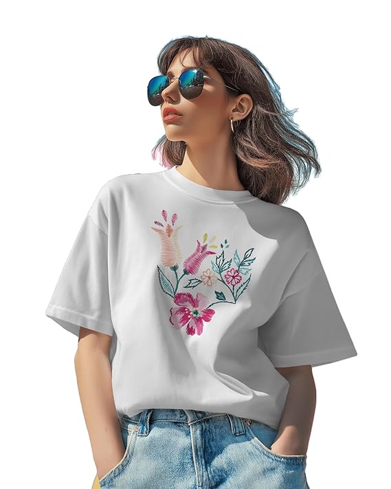 Floral Embroidered Regular T-Shirt for Women, Cotton Blend, Short Sleeve White
