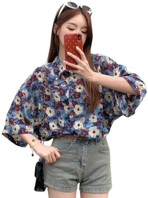 Fashion Floral Regular Fit Jeans Korean Trendi Western Tops for Women Stylish BLUE