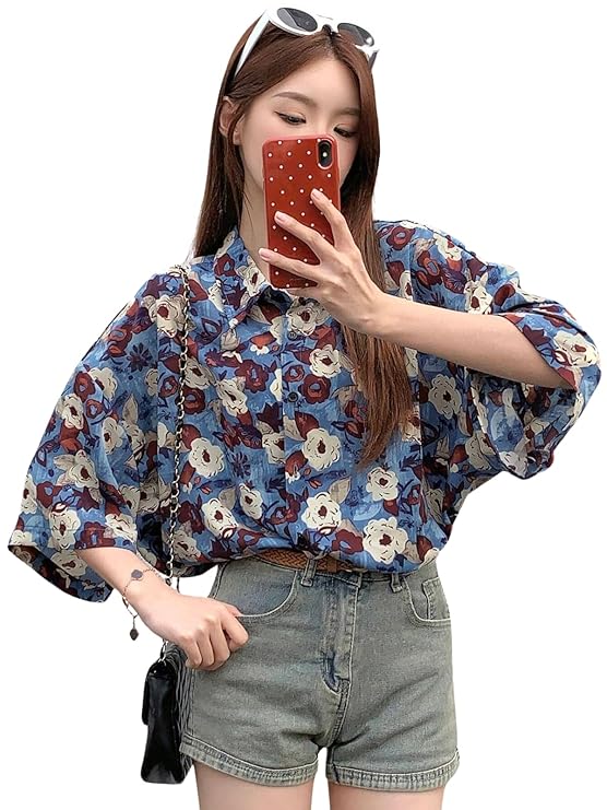 Fashion Floral Regular Fit Jeans Korean Trendi Western Tops for Women Stylish BLUE