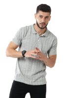 Grey Half Sleeve Cotton Striped Polo T-Shirt for Mens