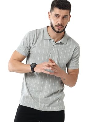 Grey Half Sleeve Cotton Striped Polo T-Shirt for Mens