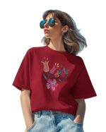 Maroon Floral Embroidered Regular T-Shirt for Women, Cotton Blend, Short Sleeve