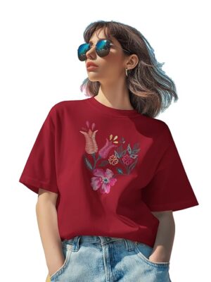 Maroon Floral Embroidered Regular T-Shirt for Women, Cotton Blend, Short Sleeve