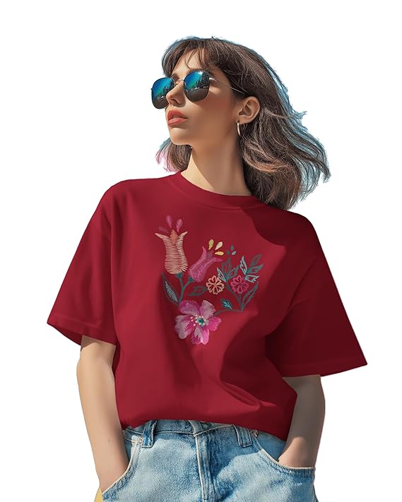 Maroon Floral Embroidered Regular T-Shirt for Women, Cotton Blend, Short Sleeve