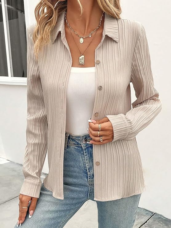 Beige Women/Girls Beige Solid Color Button Front Texture Long Sleeve Slim Fit Shirt