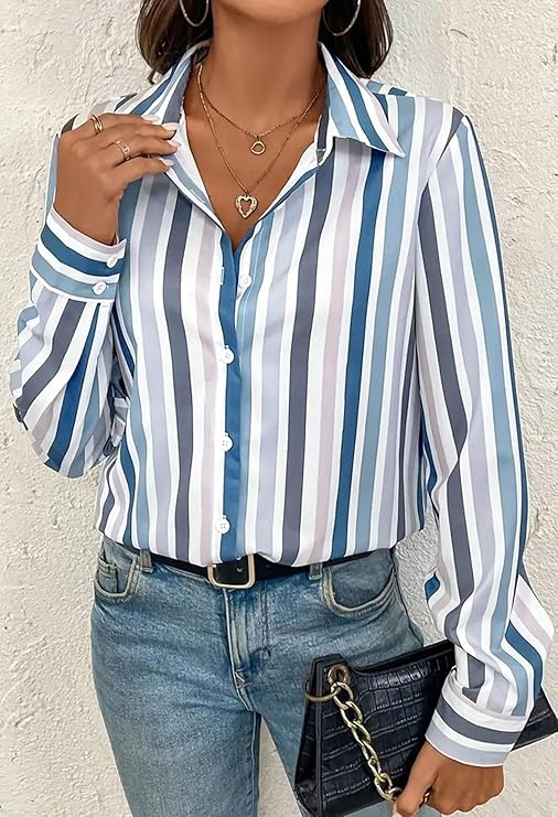 Blue Women’s Print Crepe Shirt Vertical Stripes