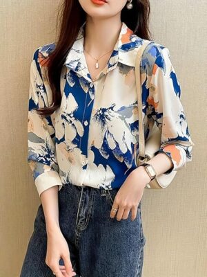 White Blue Women's Printed Straight Mandarin Neck Shirt for Women's || Shirt for Women Stylish Western