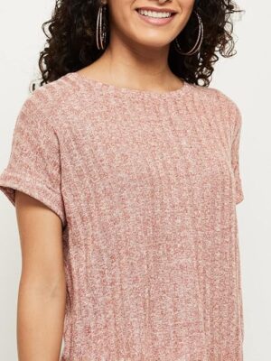 Women Textured Round Neck Regular Fit T-Shirt Red